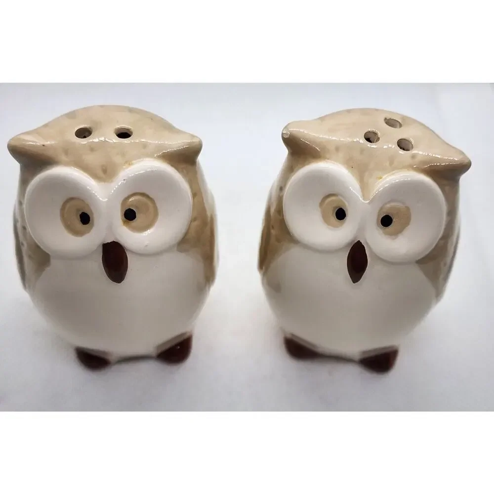 Pier 1 Owl Salt & Pepper Shaker Set Ceramic Beige Brown White Kitchen Decor